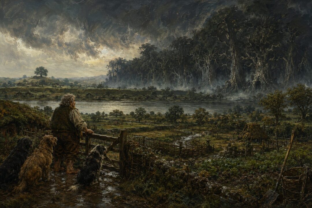 Farmer Maggot stands at the edge of the Marish with the Brandywine, Buckland, and the Old Forest beyond.