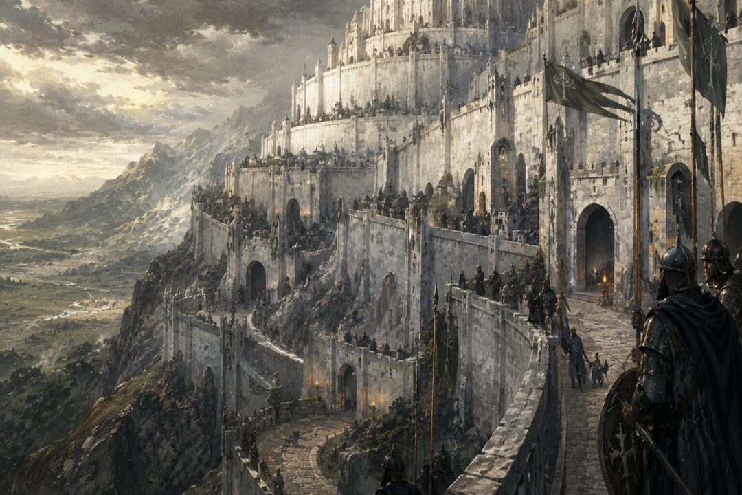 The winding ascent through Minas Tirith showing its offset gates and defensive design