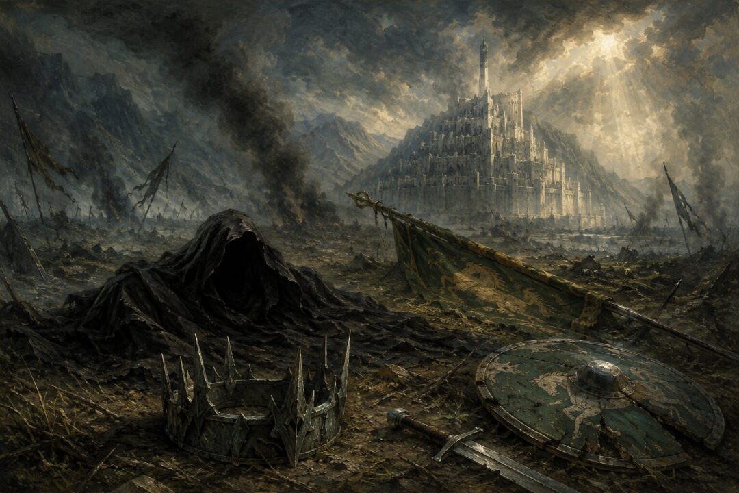 The Witch-king’s empty crown and black mantle collapse on the Pelennor beside Éowyn’s shield and Merry’s blade.