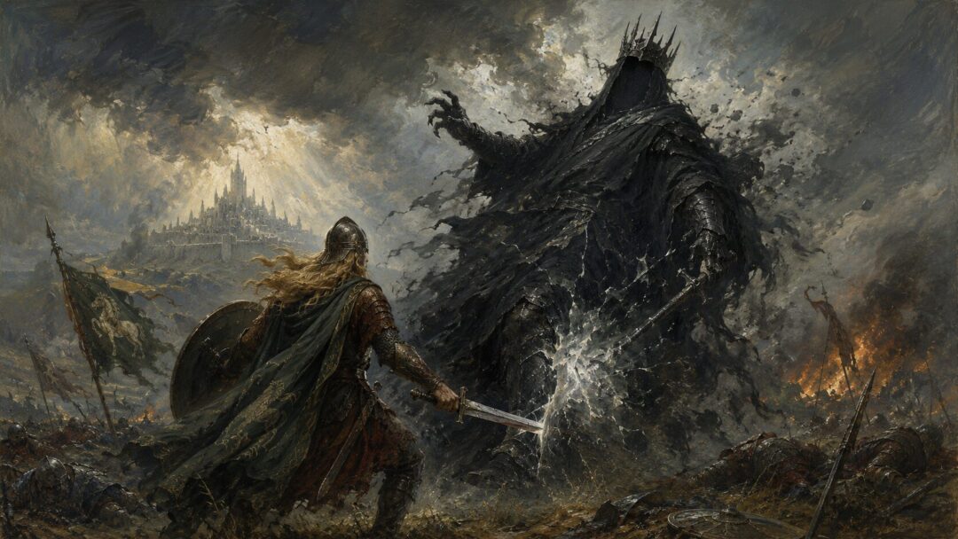 The Witch-king recoils on the Pelennor Fields as his wraith-power is broken.