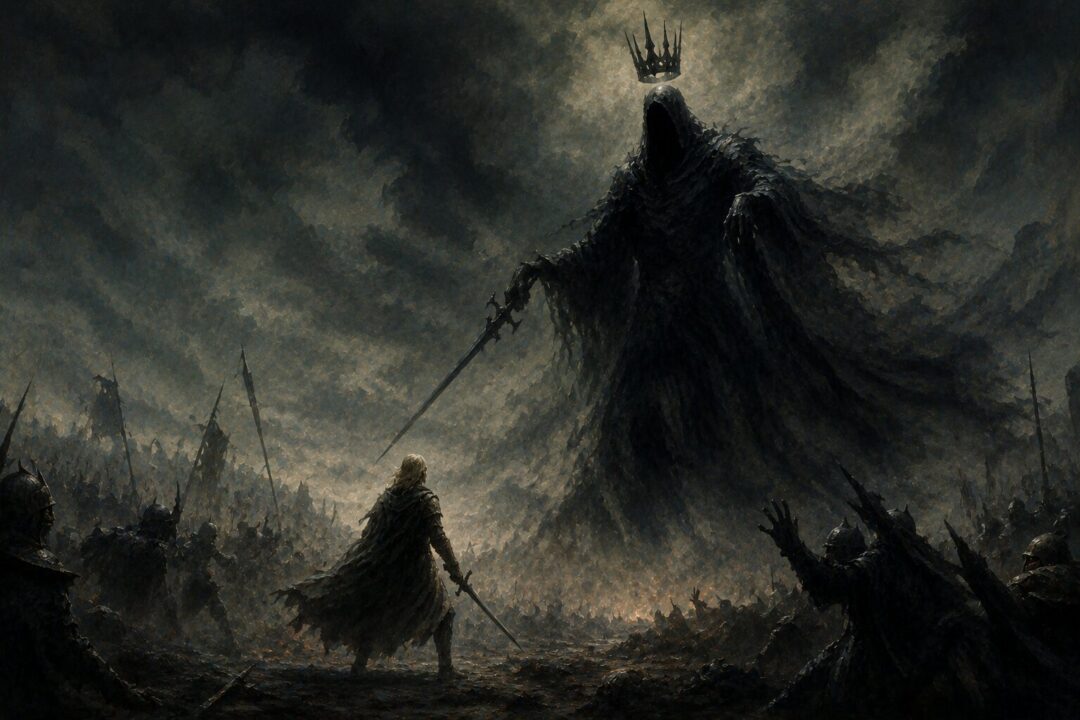 The Witch-king appears as a crowned wraith on a dark battlefield.