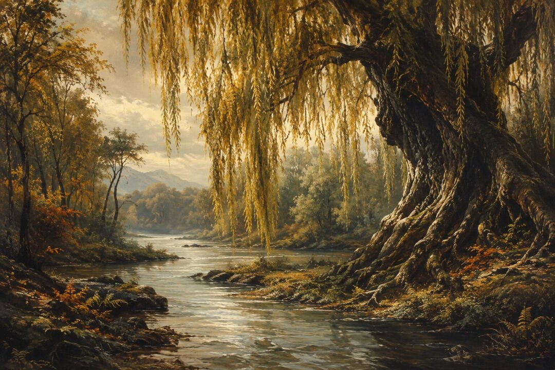 Peaceful view of the Withywindle Valley beneath ancient willow trees concealing unseen danger.