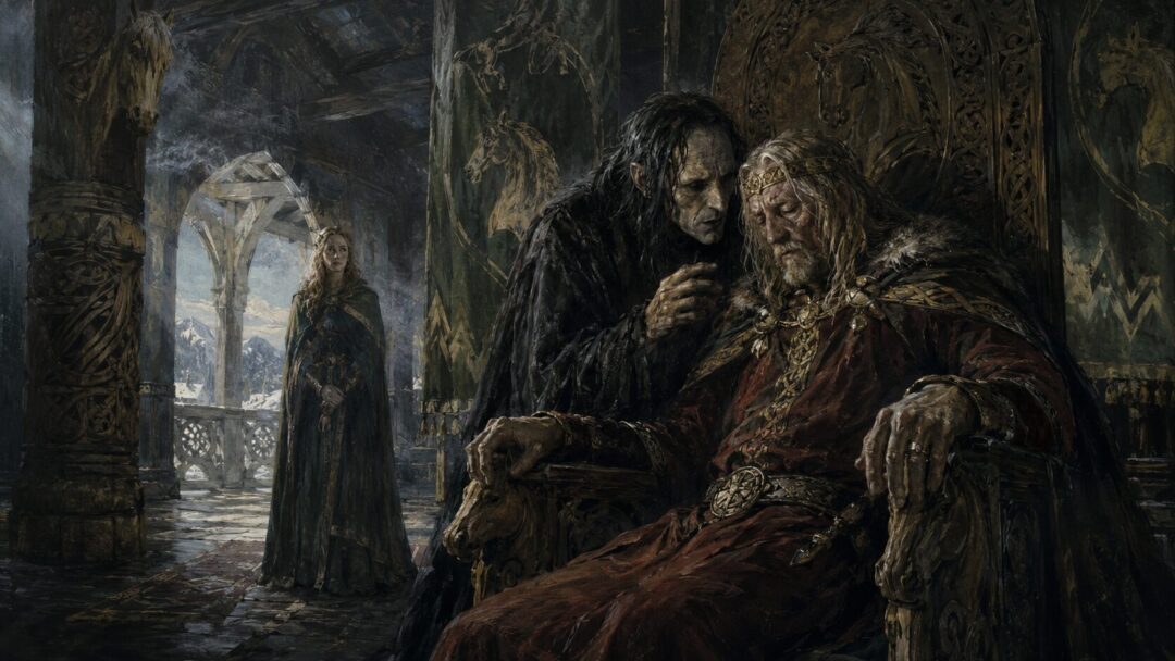 Gríma Wormtongue whispers to a weakened Théoden in the golden hall of Meduseld while Éowyn watches from the shadows.