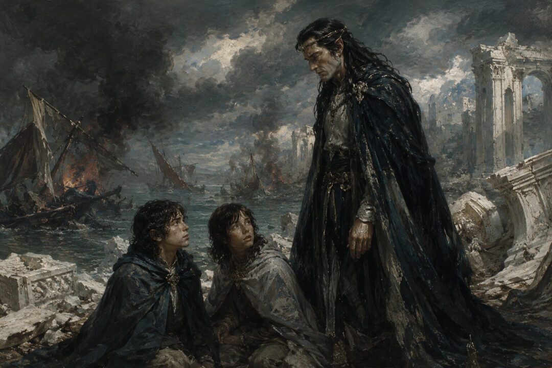 Young Elrond and Elros after the fall of the Havens of Sirion under Maglor's care.