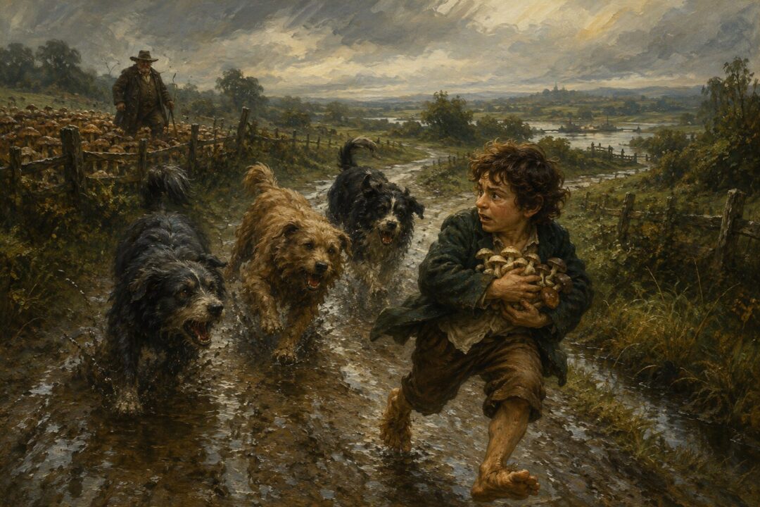Young Frodo runs from Farmer Maggot’s dogs after trespassing in the mushroom fields.