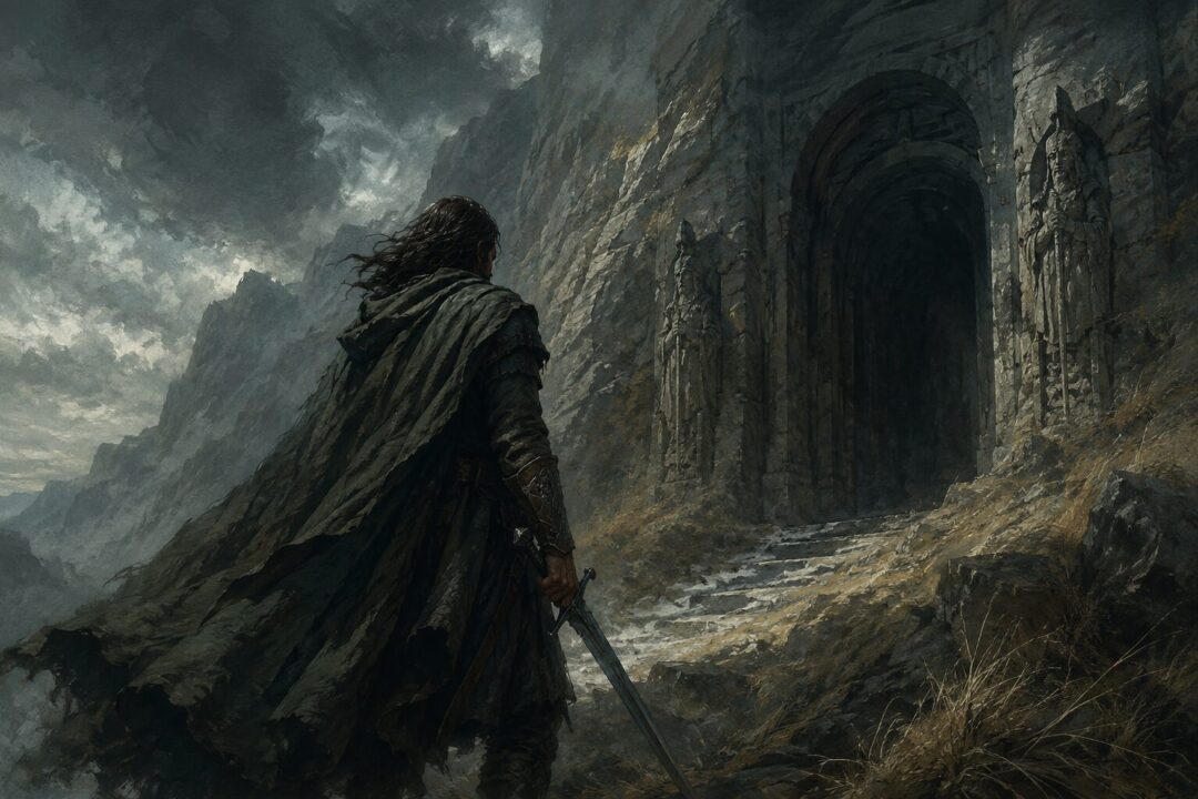 Aragorn standing before the Dark Door at Dunharrow beneath the White Mountains.