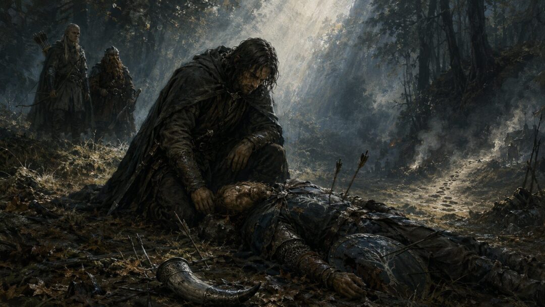 Aragorn kneels beside fallen Boromir as Orc tracks lead away from the broken Fellowship.