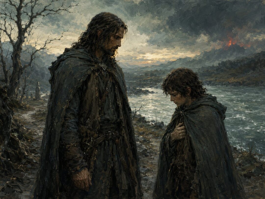 Aragorn stands beside Frodo near a river, restraining his command as the Ring-bearer prepares for a lonely road.