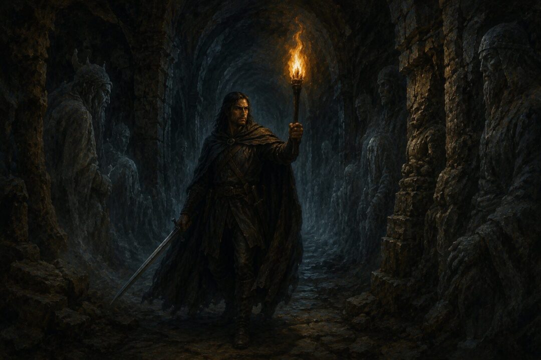 Aragorn walking through the haunted Paths of the Dead as a test of kingship.