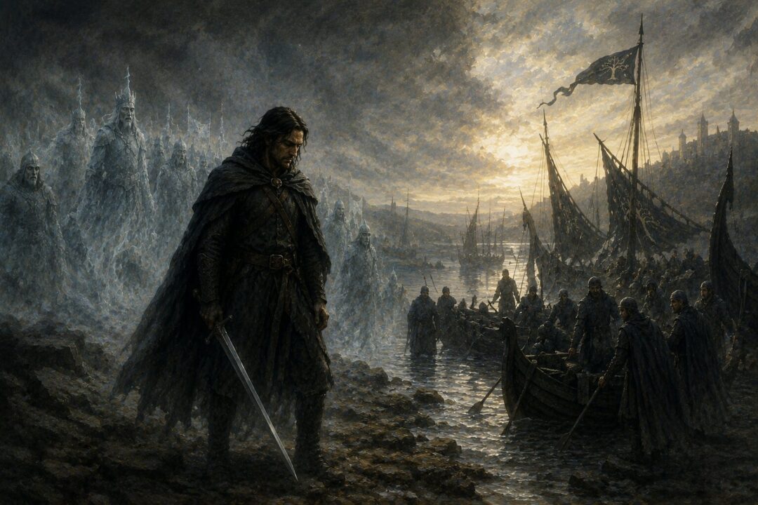 Aragorn releasing the Dead after their oath is fulfilled near the captured ships.