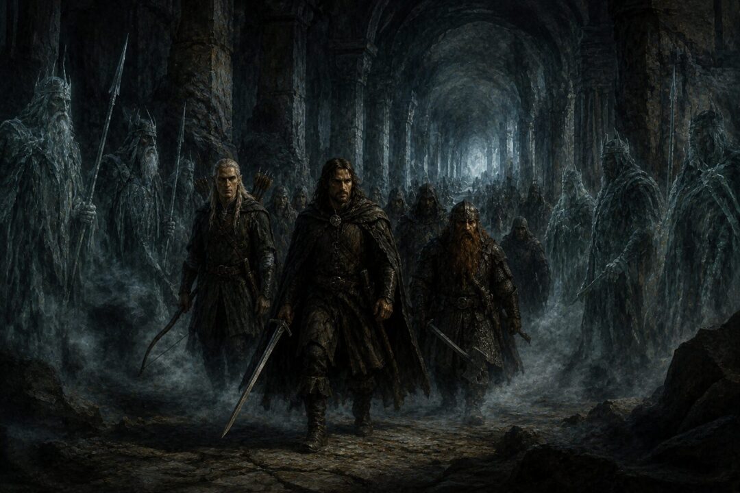 Aragorn leads the Grey Company through the haunted Paths of the Dead with pale spirits surrounding them.