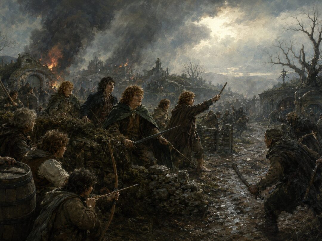 Hobbits defend Shire lanes and hedgerows during the Battle of Bywater as smoke rises from damaged buildings.