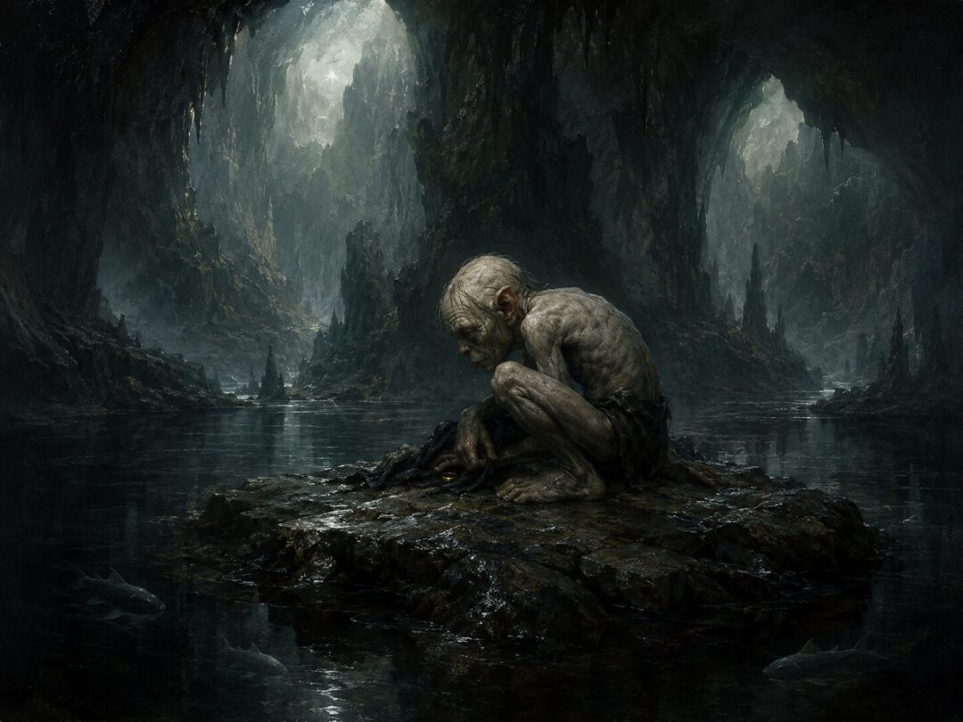 The One Ring lies on the floor of a goblin tunnel as Bilbo approaches in the dark.