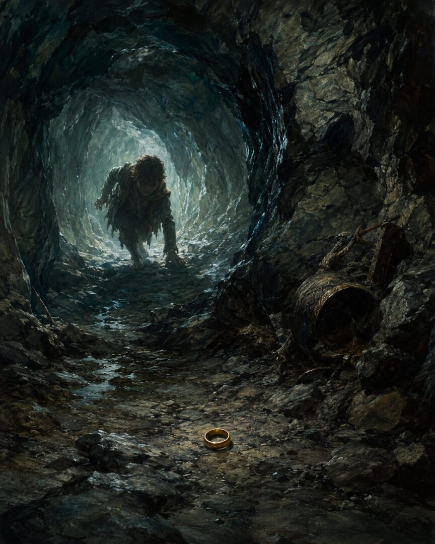 Bilbo lowers his blade in pity behind Gollum in a dark cave passage.