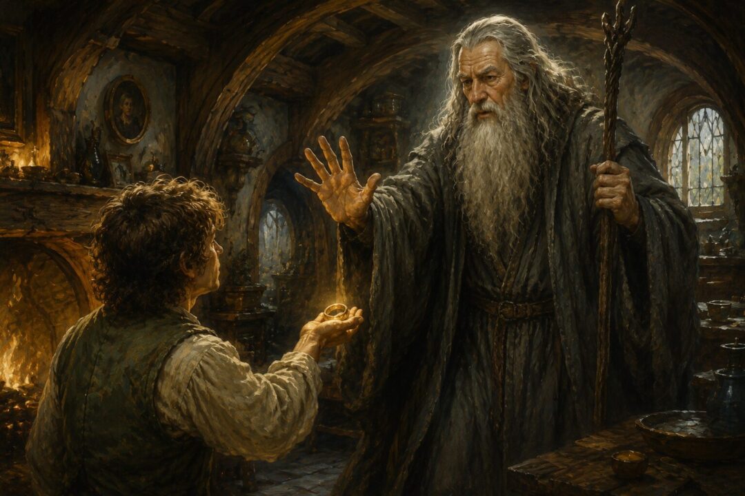 A Gondorian captain reaching toward the One Ring beside a woodland stream.