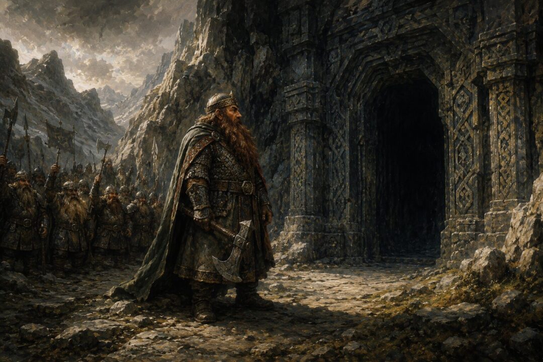 Balin's tomb and the damaged Book of Mazarbul inside the Chamber of Mazarbul.