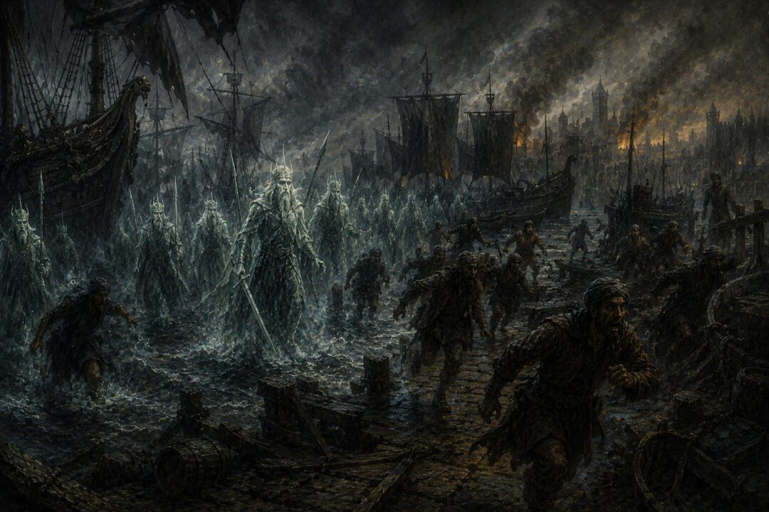 Corsair sailors abandon their ships in terror as the Dead approach the harbors of southern Gondor.