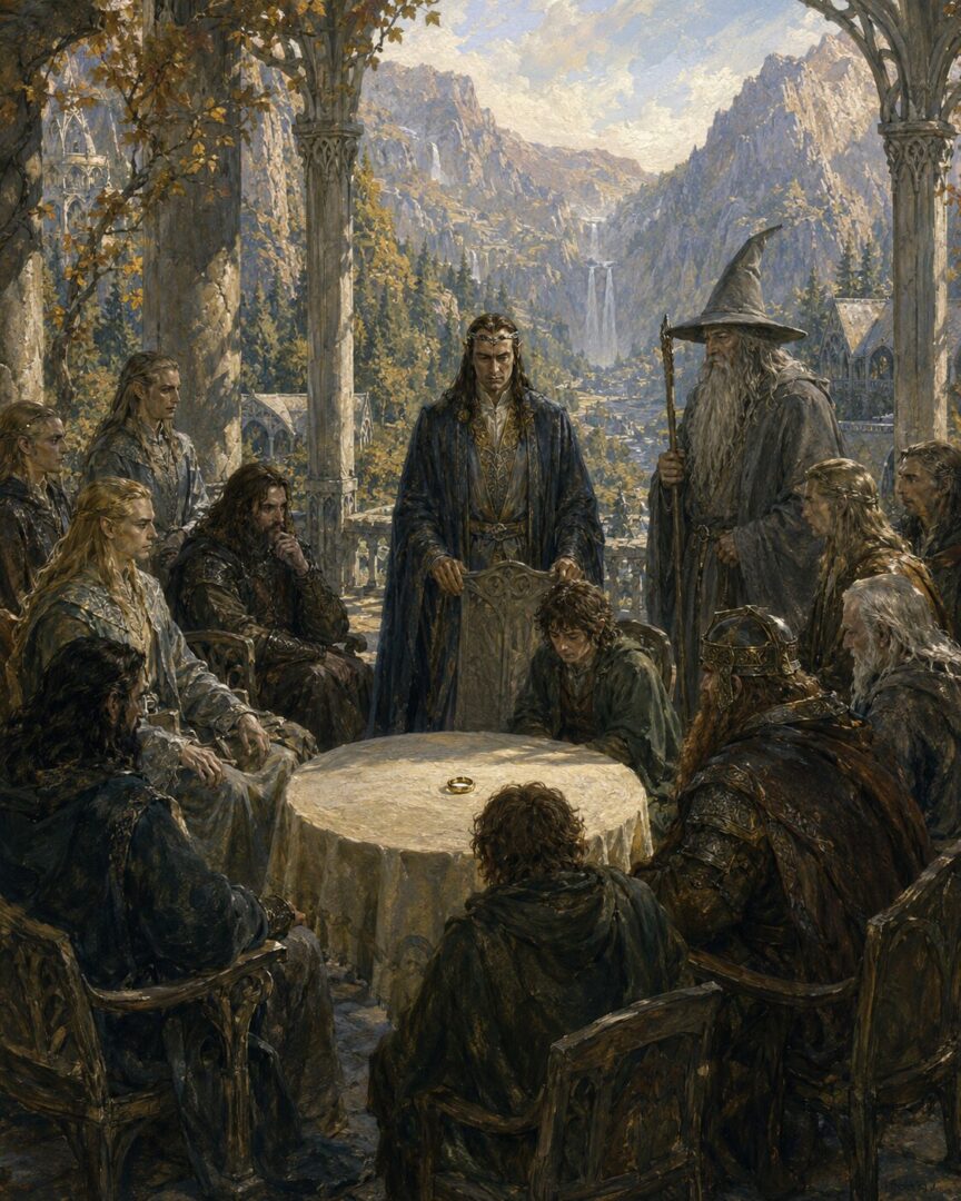 Elves, Men, Dwarves, and Hobbits gather on a Rivendell terrace around the One Ring during the Council of Elrond.