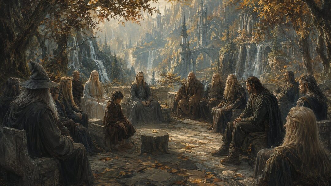 Frodo sits small among the Wise at the Council of Elrond while the Ring glows faintly before him.