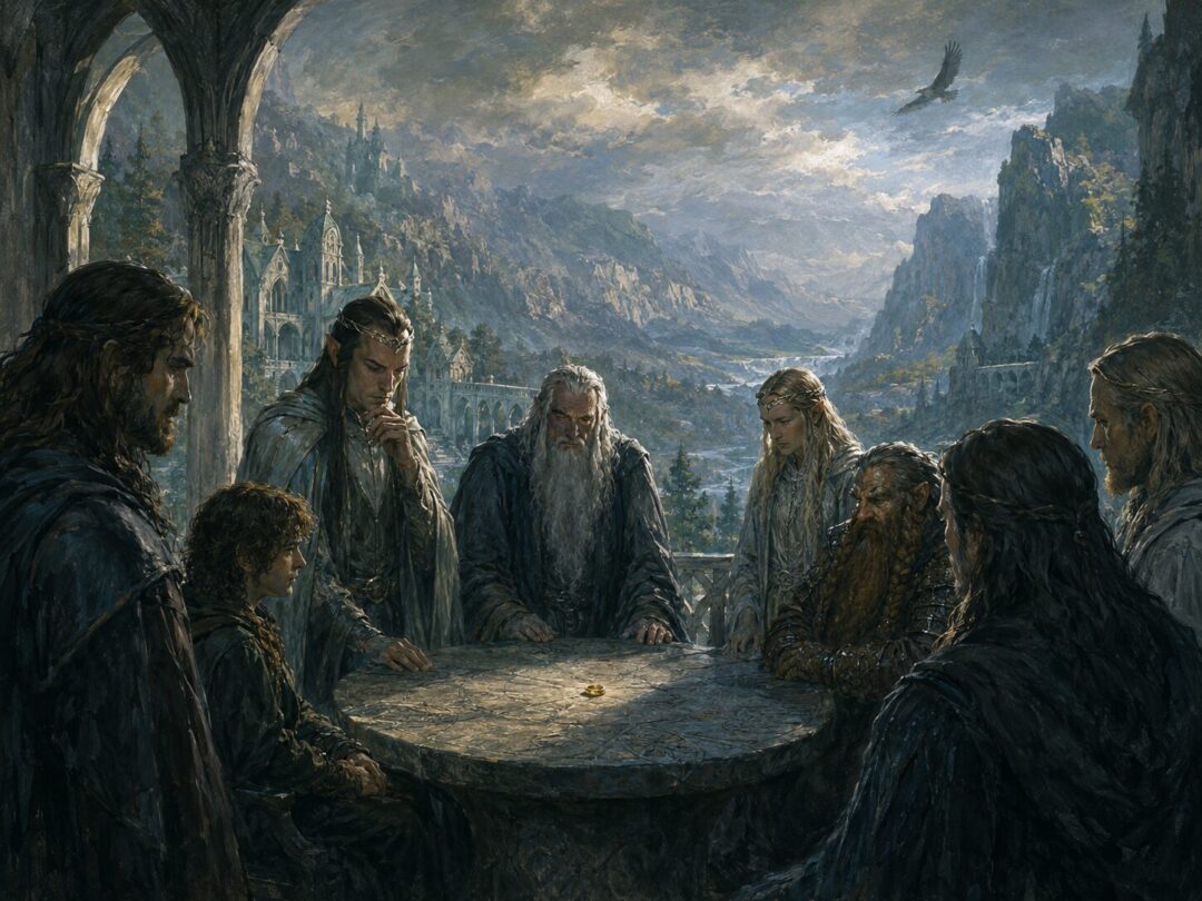 The One Ring on a stone table at the Council of Elrond with a distant eagle silhouette beyond Rivendell