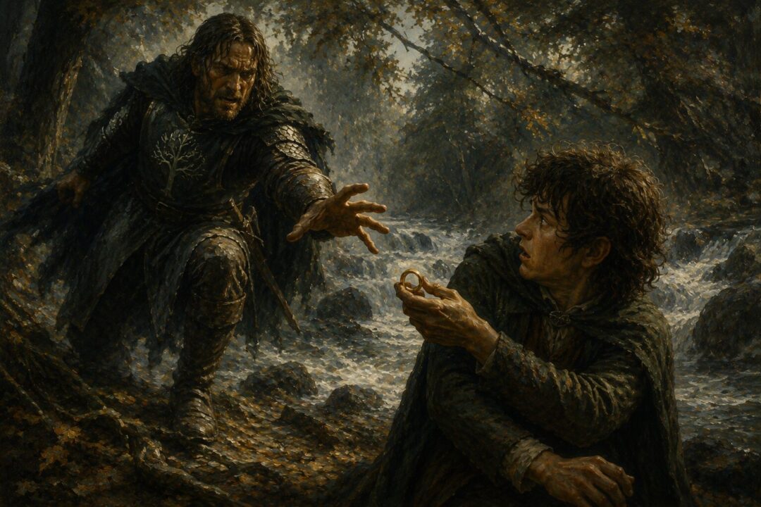 The final struggle for the One Ring above the fiery chasm inside the Cracks of Doom.