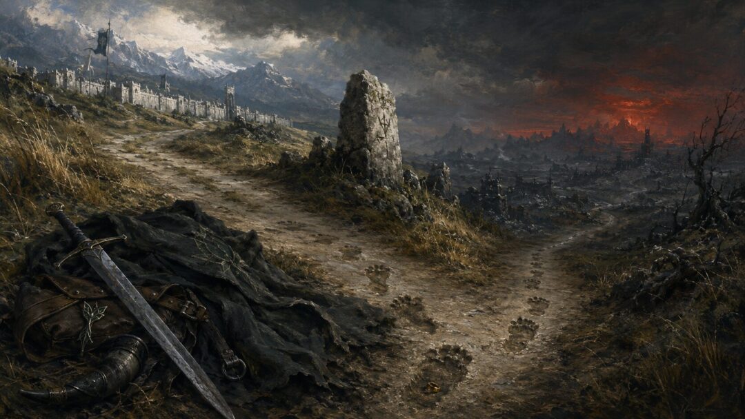 Two roads divide beneath a dark sky, symbolizing Frodo’s path to Mordor and Aragorn’s road to war.