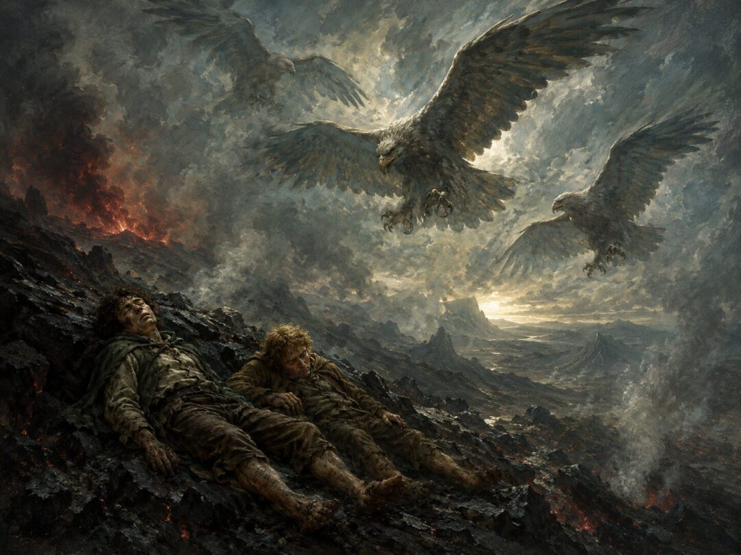 Great Eagles descending through smoke to rescue Frodo and Sam on the slopes of Mount Doom after the Ring is destroyed