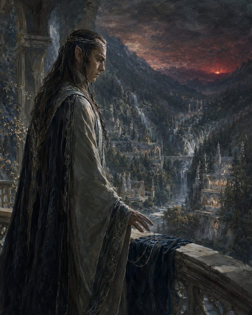 Elrond stands on a Rivendell balcony as the quiet light of Vilya contrasts with a distant red shadow in the East.