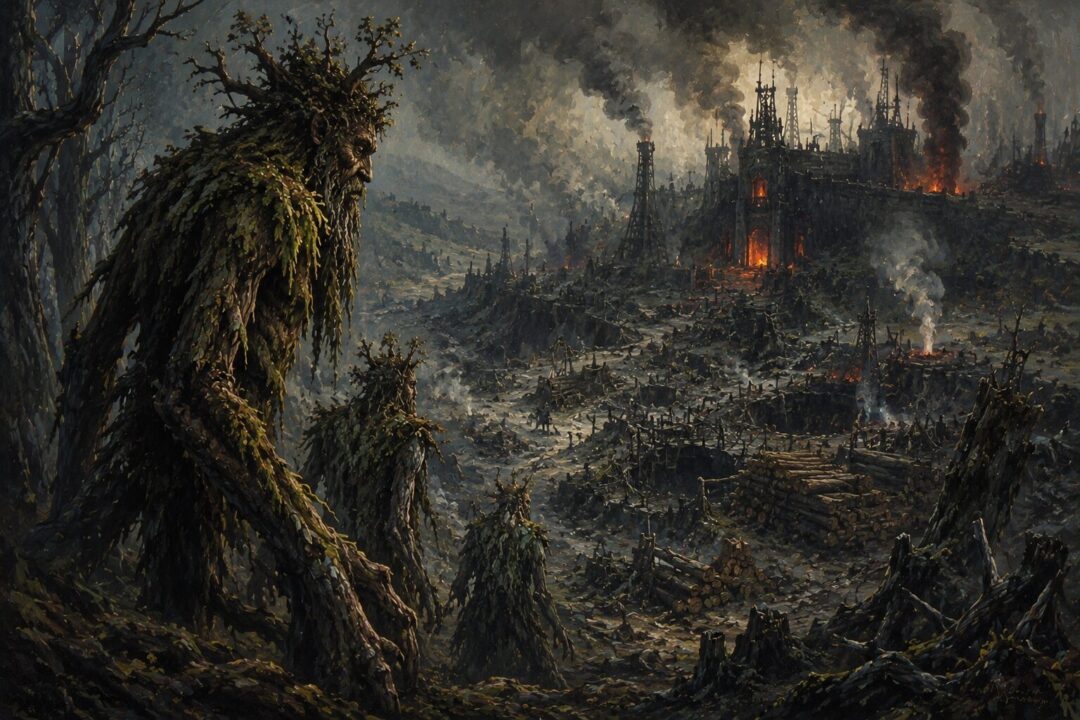 Treebeard and the Ents witnessing the destruction of forests around Isengard.
