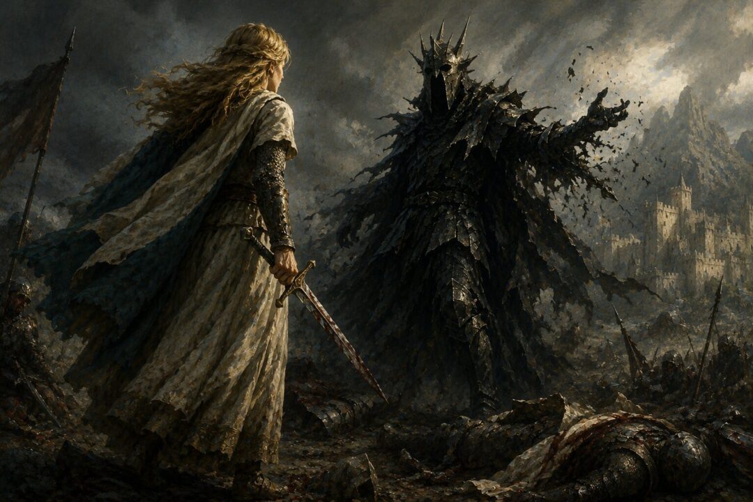 Éowyn confronts the collapsing Witch-king after Merry's enchanted blade breaks his protection.
