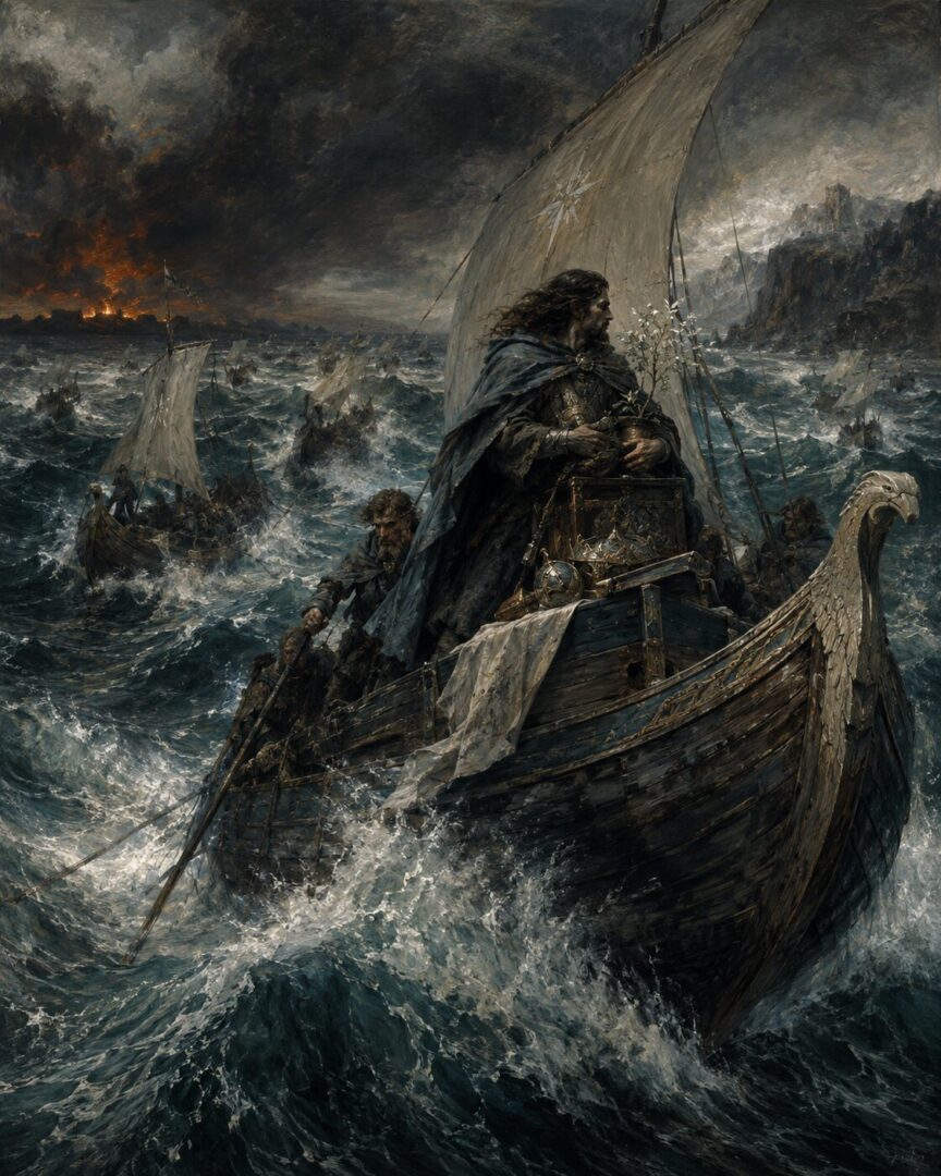 Ships of the Faithful fleeing the Downfall of Númenor across stormy seas toward Middle-earth