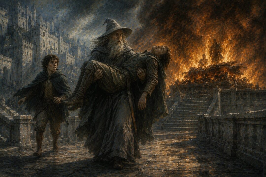 Gandalf and Pippin rescue Faramir from the House of the Stewards as Denethor's pyre burns.