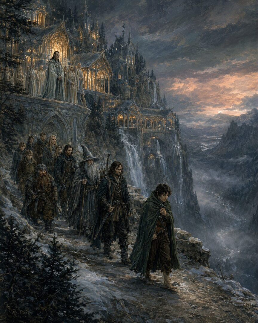 The Fellowship departs Rivendell at winter twilight while Elrond and the Elves watch from the Last Homely House.