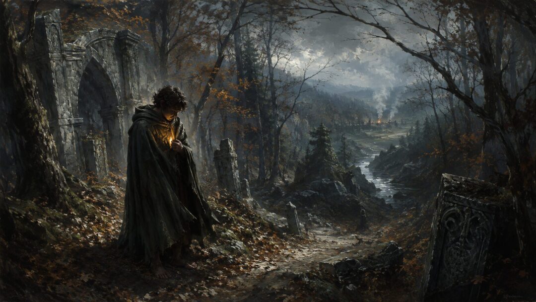 Frodo stands alone among old ruins near Amon Hen, realizing the Ring must leave the Fellowship.
