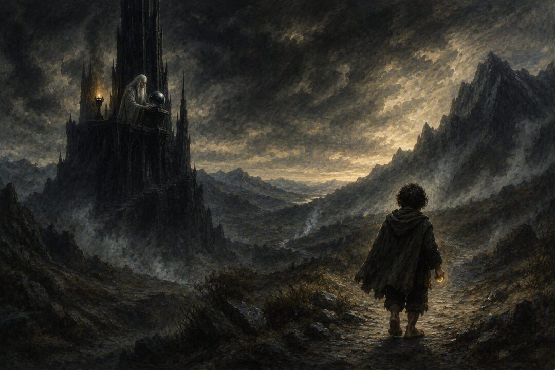 Frodo carries the One Ring through the wilderness while Saruman remains focused on the palantír.