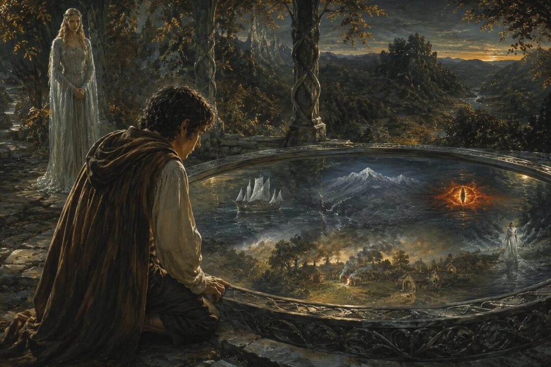 Frodo looking into Galadriel's Mirror and witnessing mysterious visions from across Middle-earth.