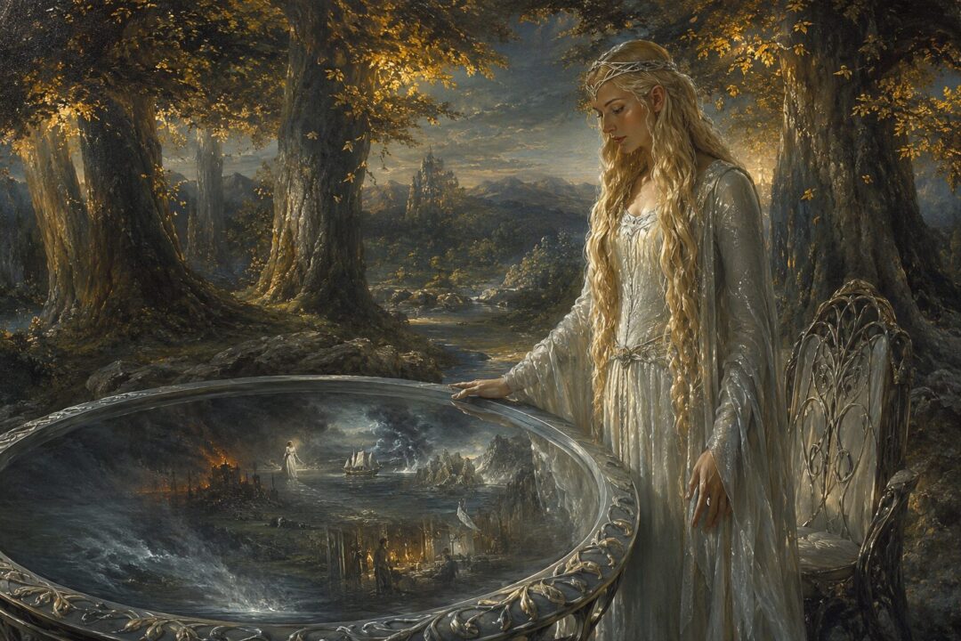 Galadriel beside the Mirror in Lothlórien as shifting visions appear in its still water.