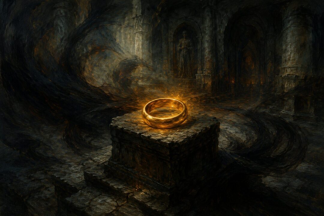 An Elven lady resisting the temptation to claim the One Ring in a golden forest.