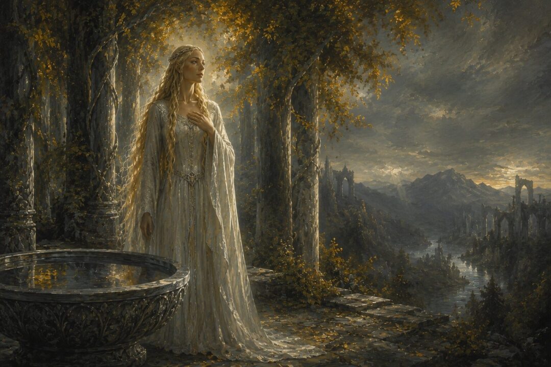 Galadriel standing peacefully after rejecting the temptation of the One Ring.