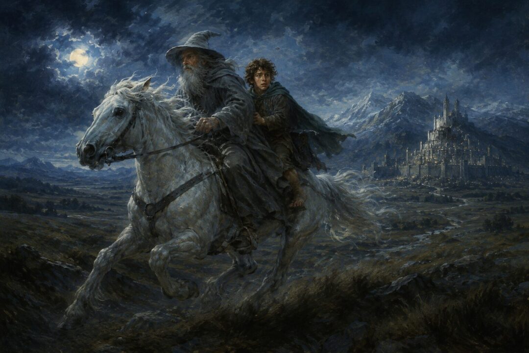 Gandalf and Pippin ride swiftly toward Minas Tirith across the plains of Rohan.