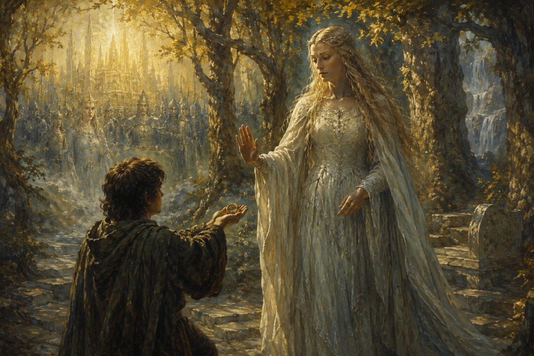 A grey-robed wizard refusing the offered One Ring inside a hobbit dwelling.