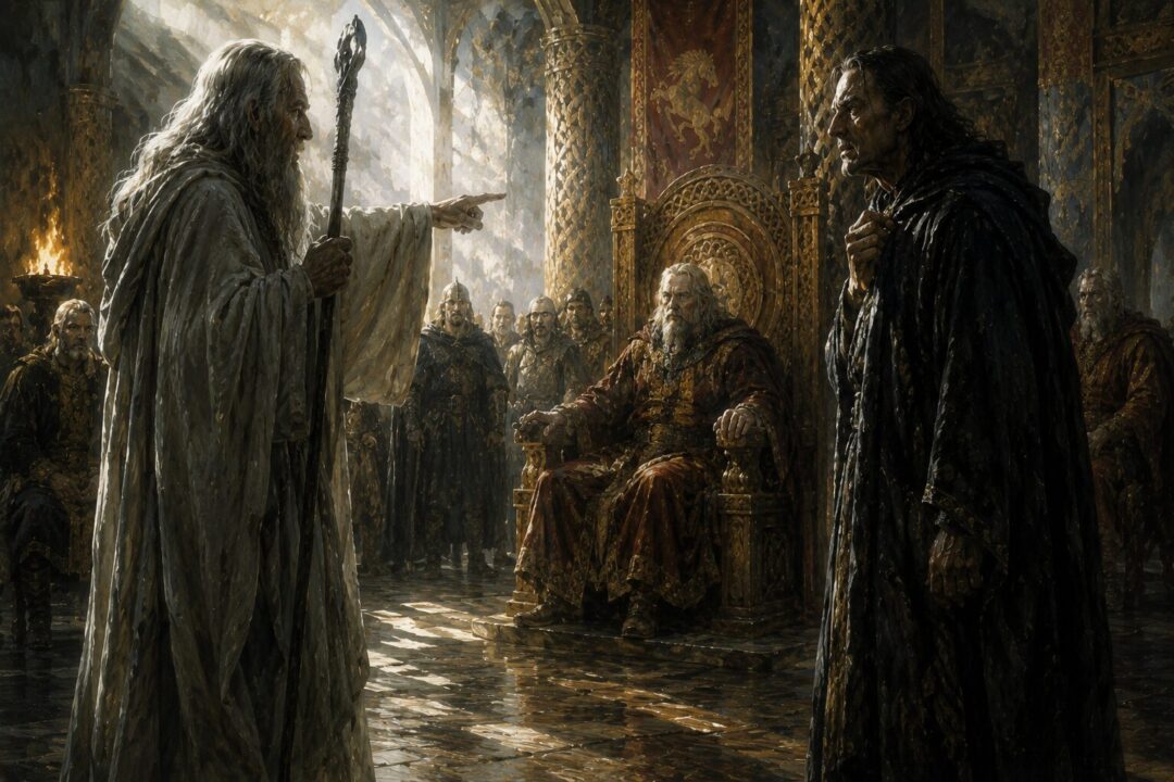 Gandalf confronting Gríma as Théoden begins to recover his strength in Meduseld.