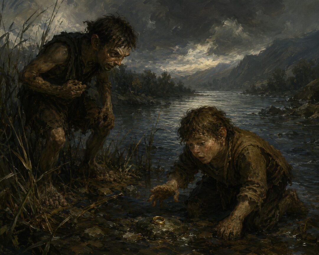Gollum crouches alone beside a dark underground lake beneath the Misty Mountains.