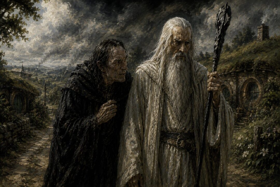 Gríma Wormtongue beside Saruman during their final tragic days in the Shire.