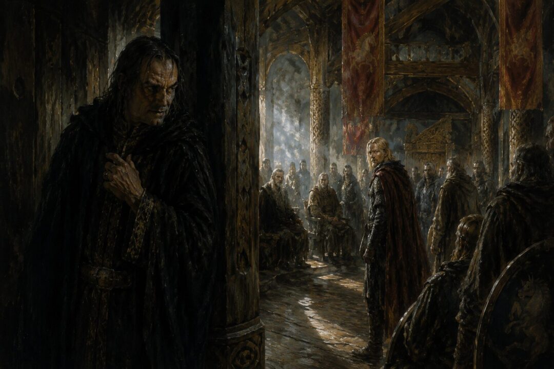 Gríma standing apart in Meduseld while loyal Riders of Rohan remain distant.