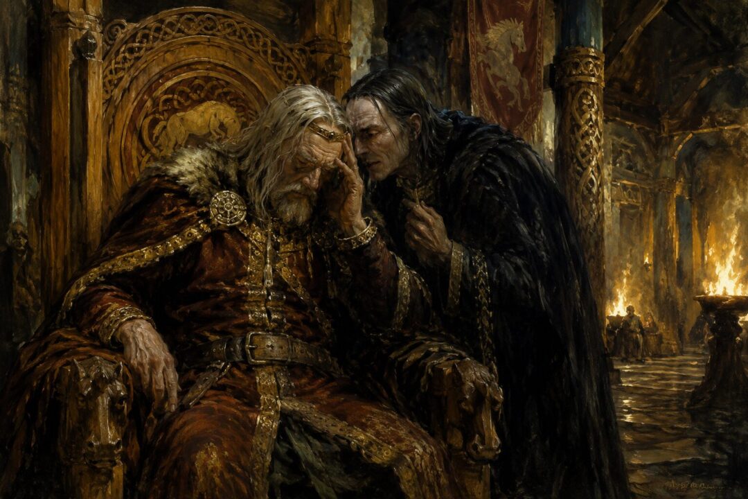 Gríma Wormtongue quietly advising the weary King Théoden inside Meduseld.