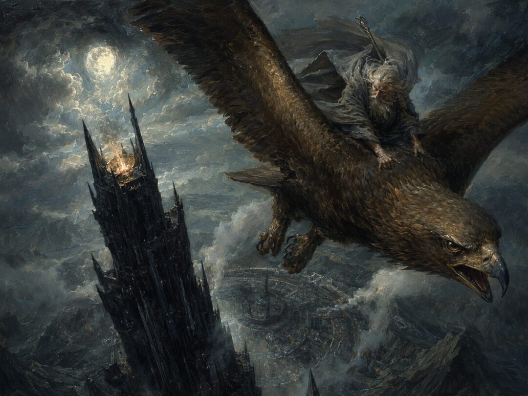 Gwaihir carrying a grey-robed wizard away from the high pinnacle of Orthanc under moonlit clouds