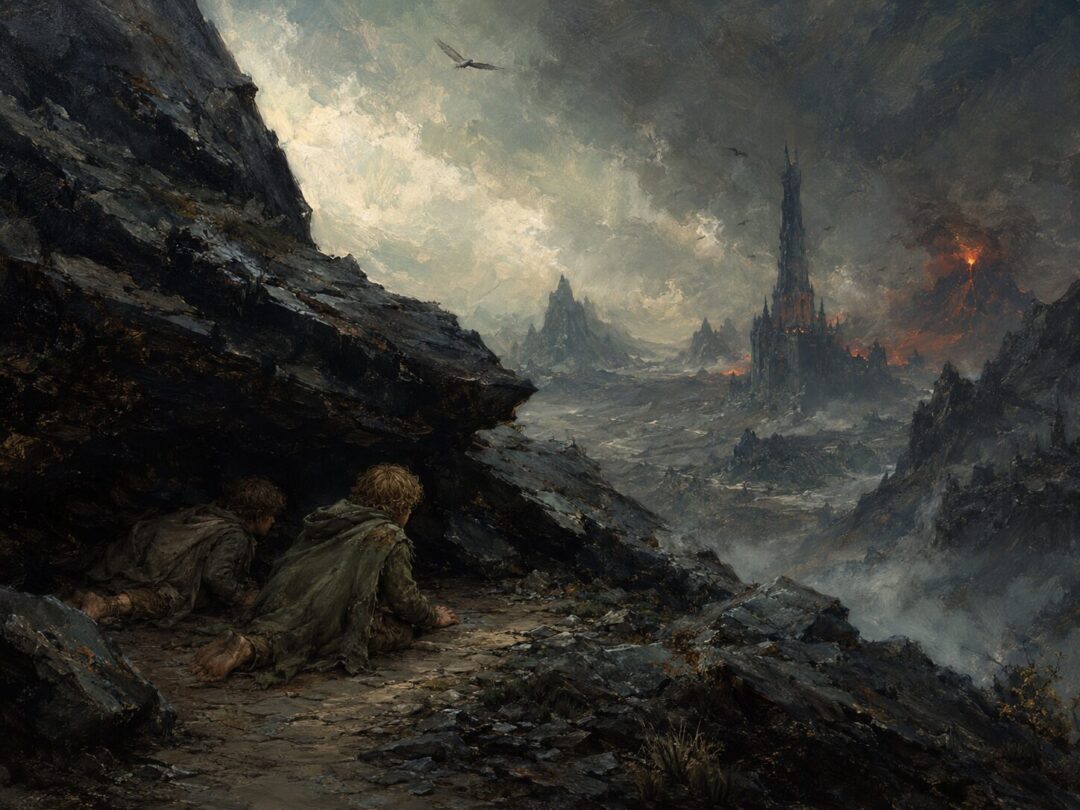 Two hobbits taking the hidden road near Mordor while the watched sky above suggests why Eagles could not solve the quest