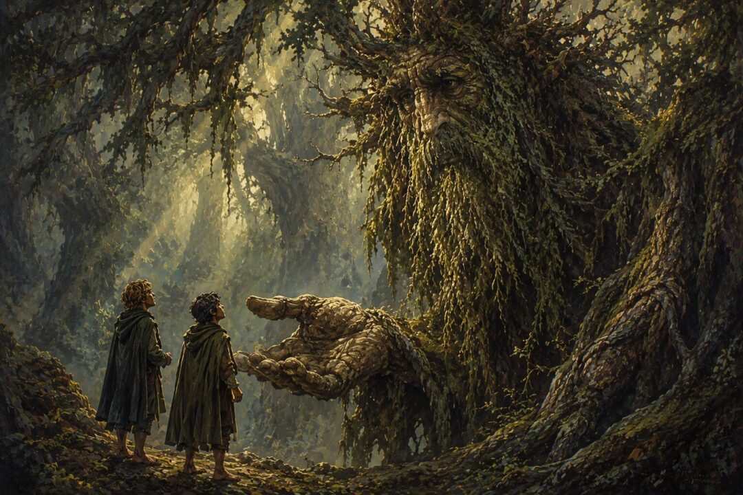 Merry and Pippin beside Treebeard representing the alliance between Hobbits and the Ents.