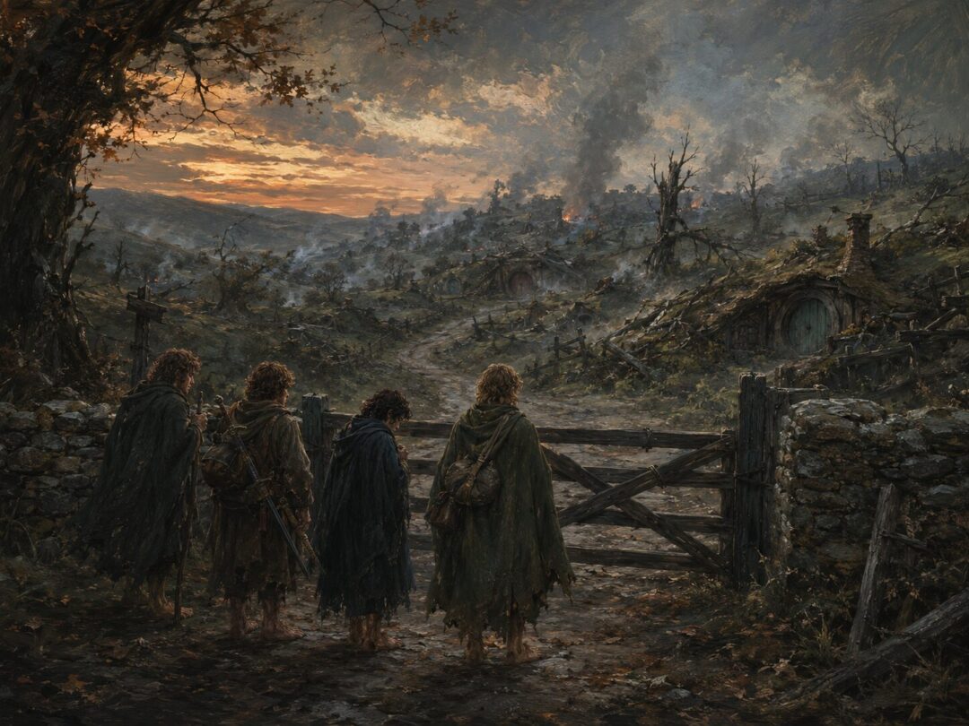 Four travel-worn hobbits return to the Shire and find a barred gate, damaged hedges, felled trees, and smoke over familiar hills.